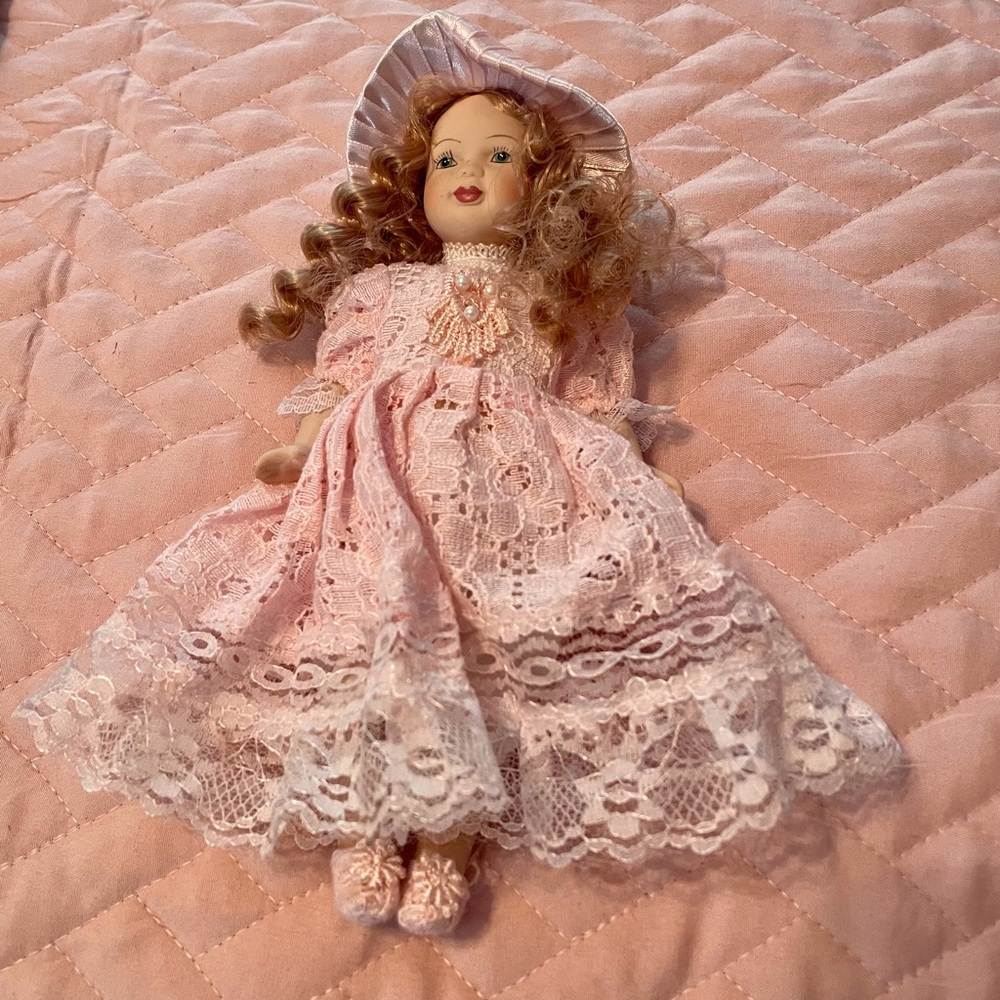 Pretty In Pink & Lace Vintage China Bisque Porcelain Doll